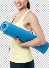 Fitness woman holding rolled up exercise mat